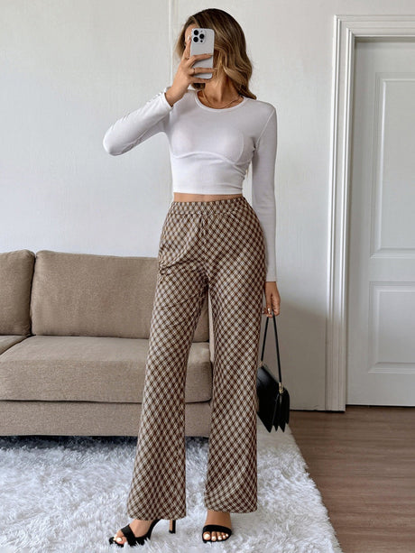 Women's Straight-leg brown checkered trousers