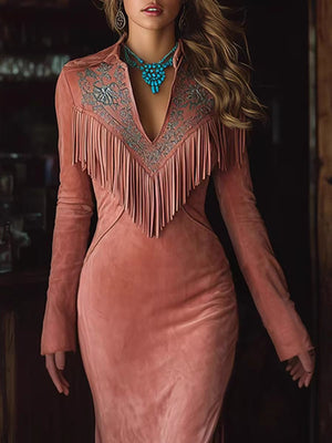 Long-sleeved Tassels Long Dress With Slit