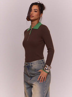 Wool Blend Color-blocked Half-zip Stand Collar Ribbed Pullover Sweater
