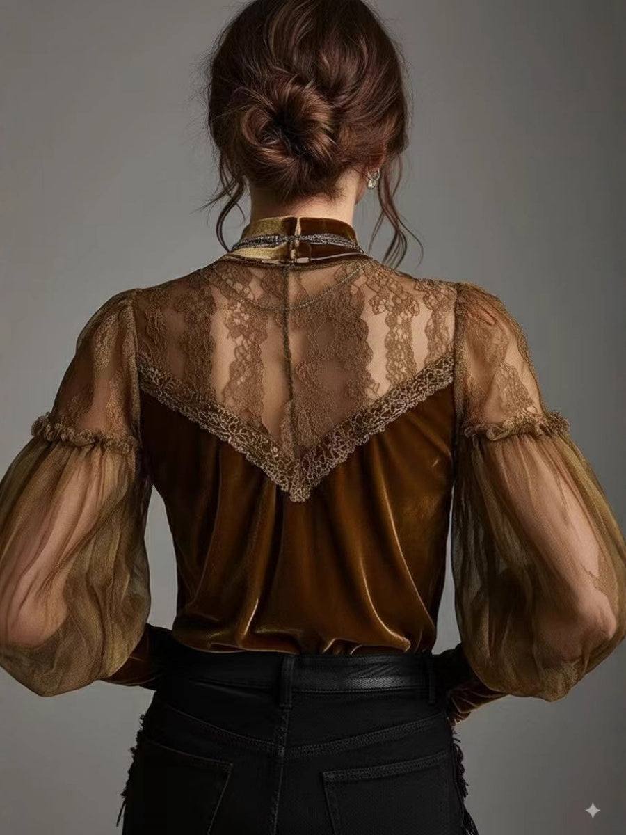 Lace Splicing Velvet Half Turtleneck T-shirts