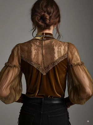 Lace Splicing Velvet Half Turtleneck T-shirts