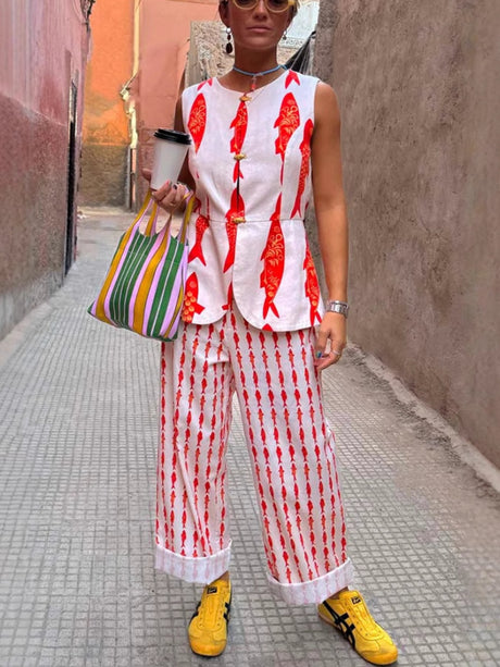 Buttons Fish-print Vest And Trousers Two-piece Set