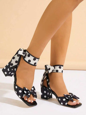 Black And White Polka Dot Bow Strap High-heeled Sandals