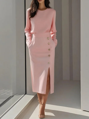 Long-sleeved, Solid Color, Round Neck, Fitted Waist, Button-down, Slit Midi Dress