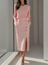 Long-sleeved, Solid Color, Round Neck, Fitted Waist, Button-down, Slit Midi Dress