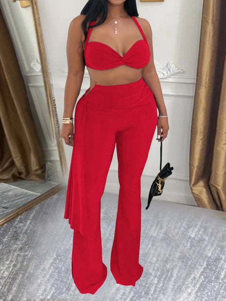Pleated Ribbons Strapless Lace-up Pants 2-piece Sets