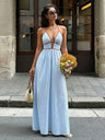 Stripes Color-blocked Splicing V-neck Hollow Maxi Dresses