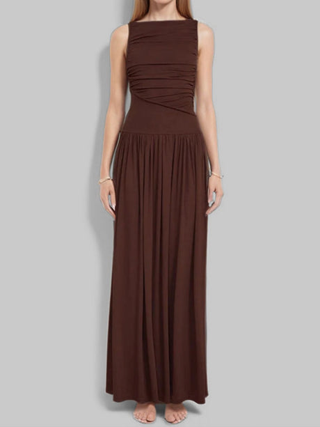 Slim-fit Pleated Solid Color Long Dress