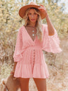 Lace Patchwork V-neck Batwing Sleeves Buttons Mini&Short Dresses