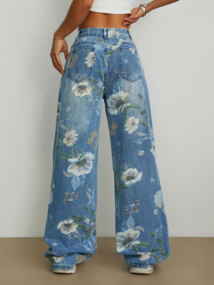 Loose Straight Wide Leg Floral Printed Jeans