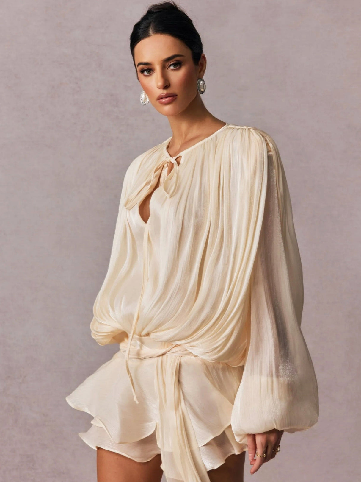 V-neck Straps Crimp Ribbon Wood Ear Solid Color Mini&Short Dresses