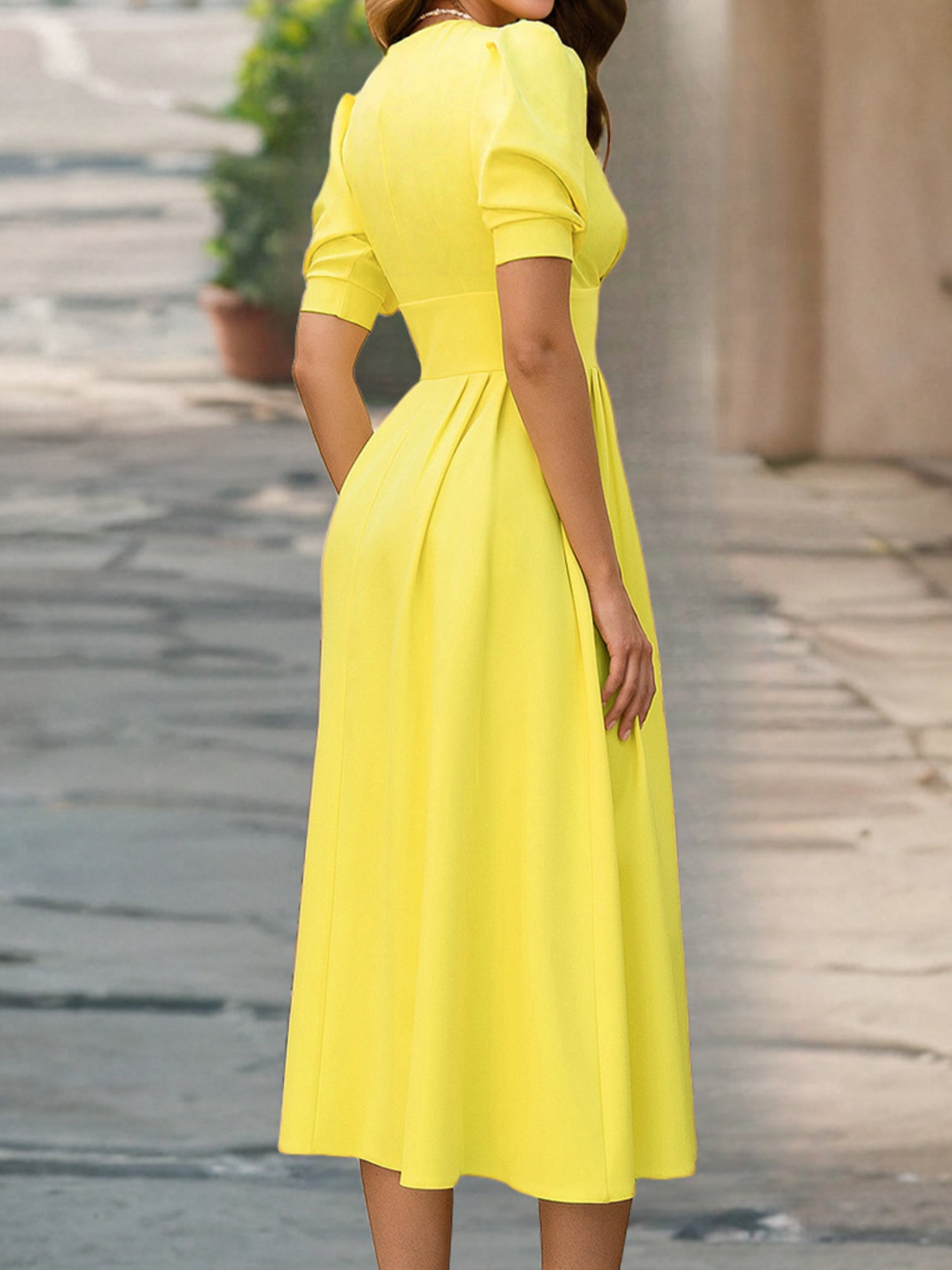 V-neck Lantern Sleeves Pleated Waist Maxi Dresses