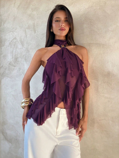 Halter Ruffle Irregular Hem Sleeveless Off-shoulder Camisoles