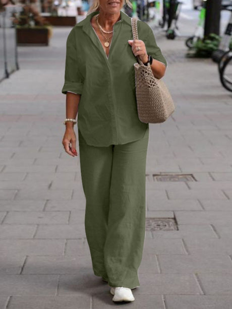 Collared Long-sleeved Shirt And Casual Solid Color Wide-leg Pants Two-piece Set For Spring And Autumn