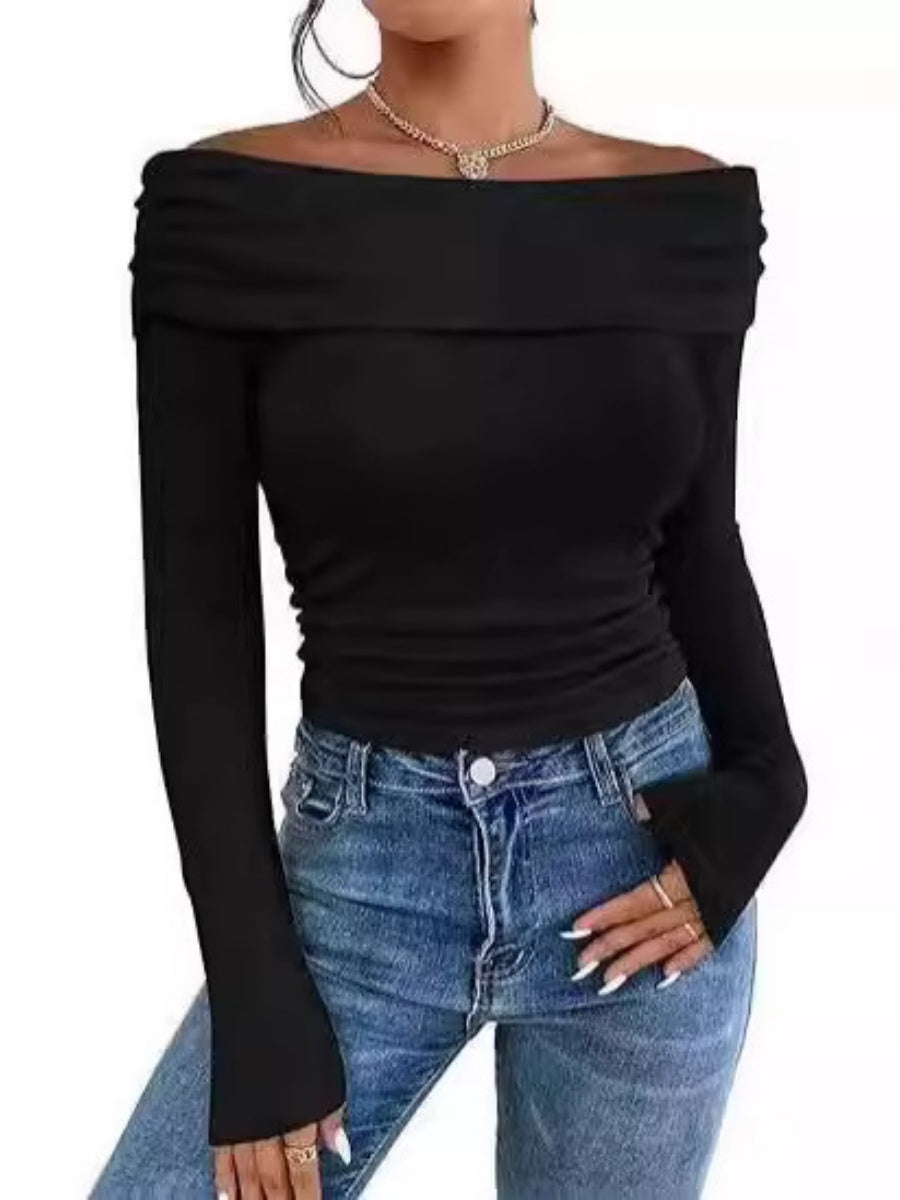 T-shirts basiques à manches longues, coupe ajustée et épaules dénudées