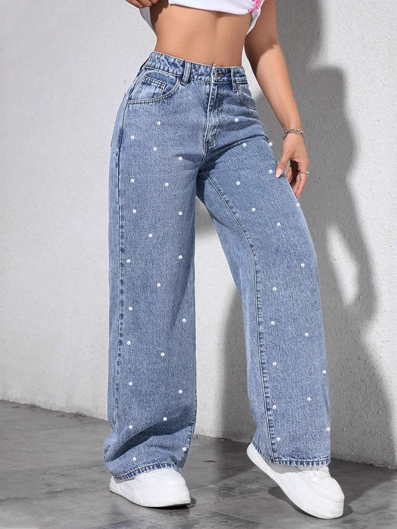 Women's Autumn/Winter Pearl-Embellished Wide-Leg Jeans
