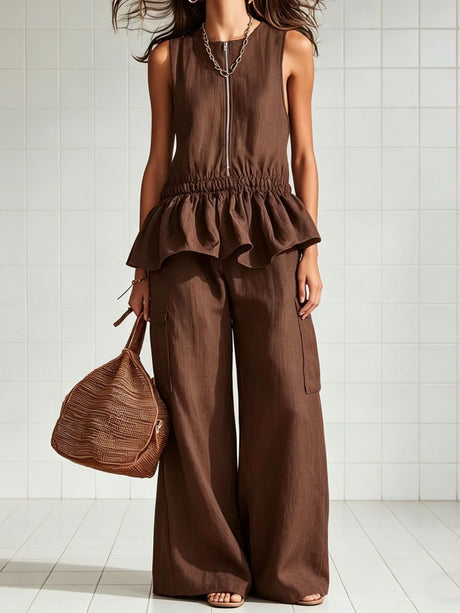 Sleeveless Pleated Vest And Wide-leg Trousers Two-piece Set
