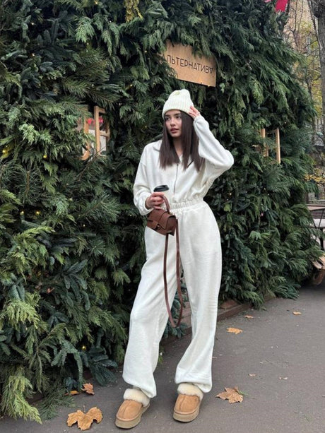 Liber Autumn women's one-piece suit solid color straight pants long-sleeved jumpsuit