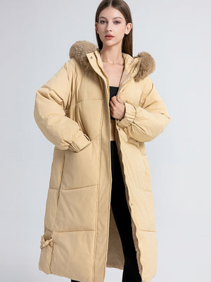 Women's Fur Collar Hooded Down Jacket, Extended Style, Knee-length Thickened Down Jacket，removable Collar