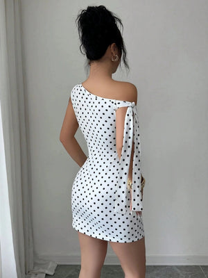 Retro Polka Dots Sloping Shoulders Bandage Hip-hugging Mini&Short Dresses