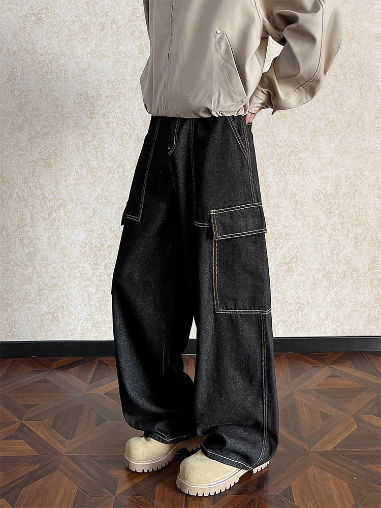 Black Multiple Pockets Straight Jeans