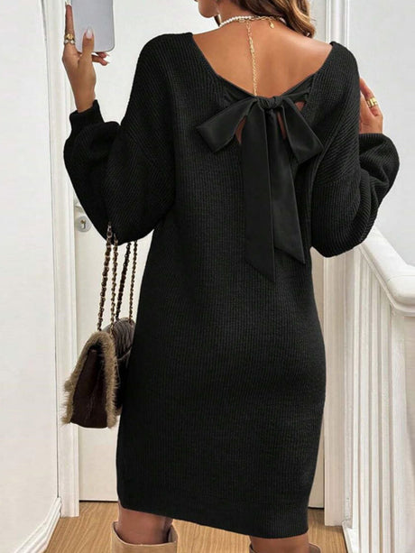 V-neck Bow Knitted Sweaters Midi Dresses