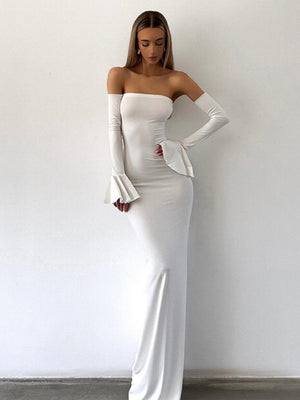 Off-shoulder Long Sleeves Hip-hugging Bodycon Long Dress