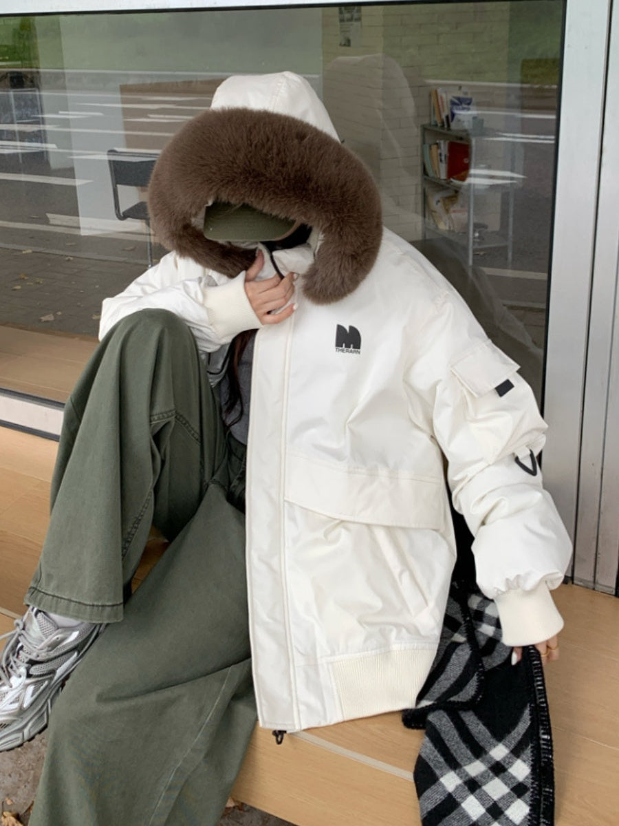 Parka Work Clothes Pocket With Fur Collar Loose Thickened Winter Outdoor Cotton-padded Clothing