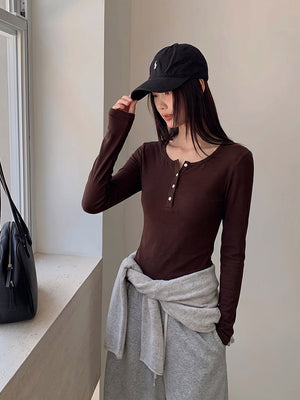 Korean Style Henley Collar Top With Straight Shoulders