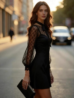 Mesh Perspective Splicing Bow Temperament Bandage Commuting Reunion Mini&Short Dresses