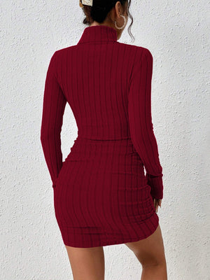 Knitting Turtleneck Long Sleeve Tight Fit Solid Color Pit Strip Mini&Short Dresses