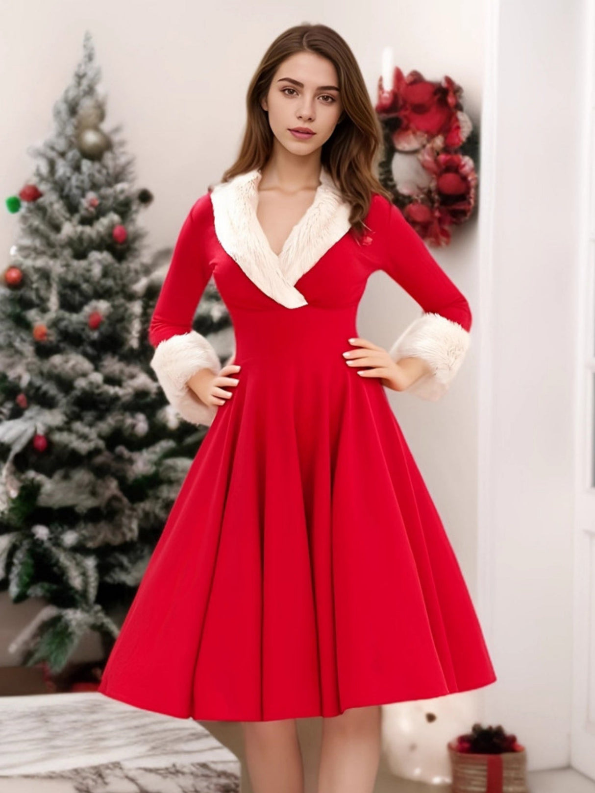 Christmas Plush Splicing Low-cut Self-cultivation Long Sleeves Midi Dresses