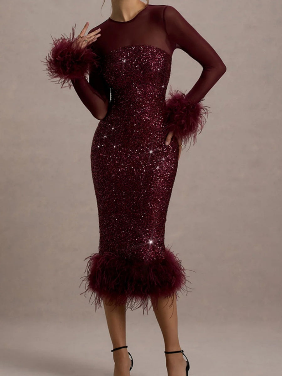 Feather-Trim Sequin Backless Slit Bodycon Dress