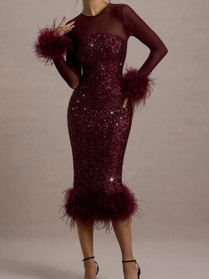 Feather-Trim Sequin Backless Slit Bodycon Dress