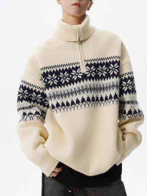 Fair Isle Jacquard Half Zipper Turtleneck Sweaters