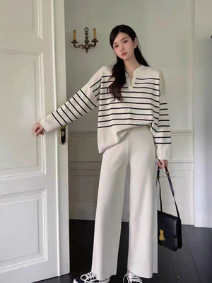 Stylish Two-piece Set: Loose Striped Knit Top, Casual High-waisted Wide-leg Knit Pants