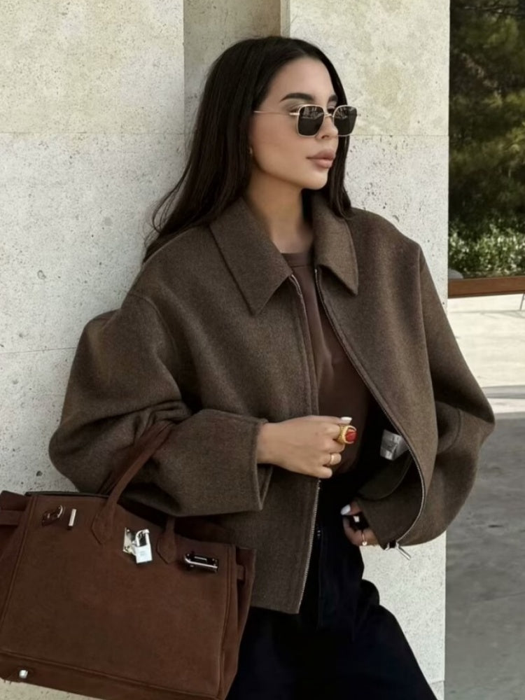 Lapel Zipper Solid Color Simple Oversized Woolen Jacket