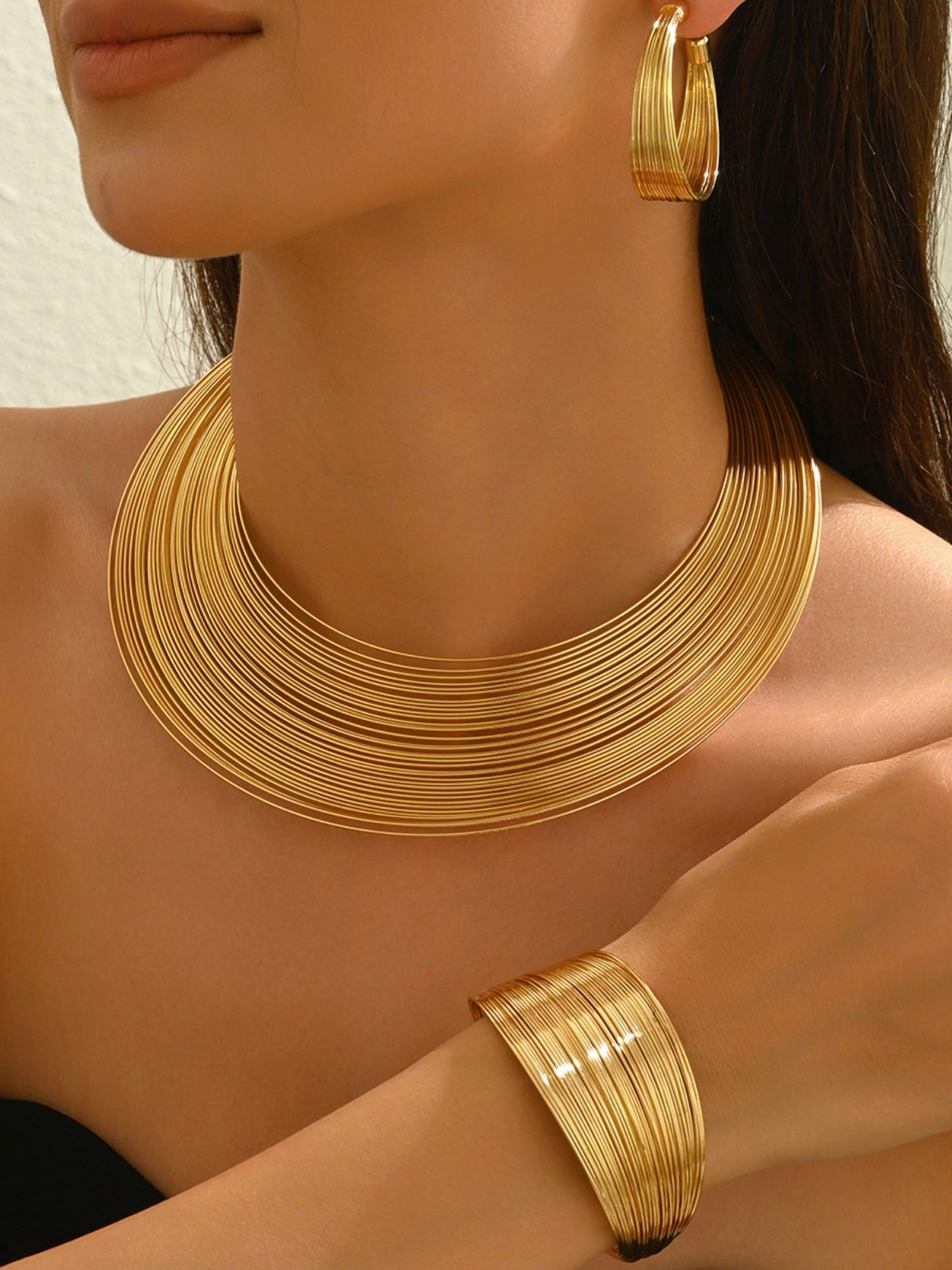 Multilayer Metal Geometric Lines Necklace And Earrings Bracelet Jewelry Sets