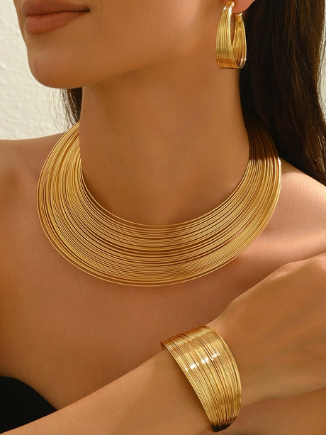 Multilayer Metal Geometric Lines Necklace And Earrings Bracelet Jewelry Sets