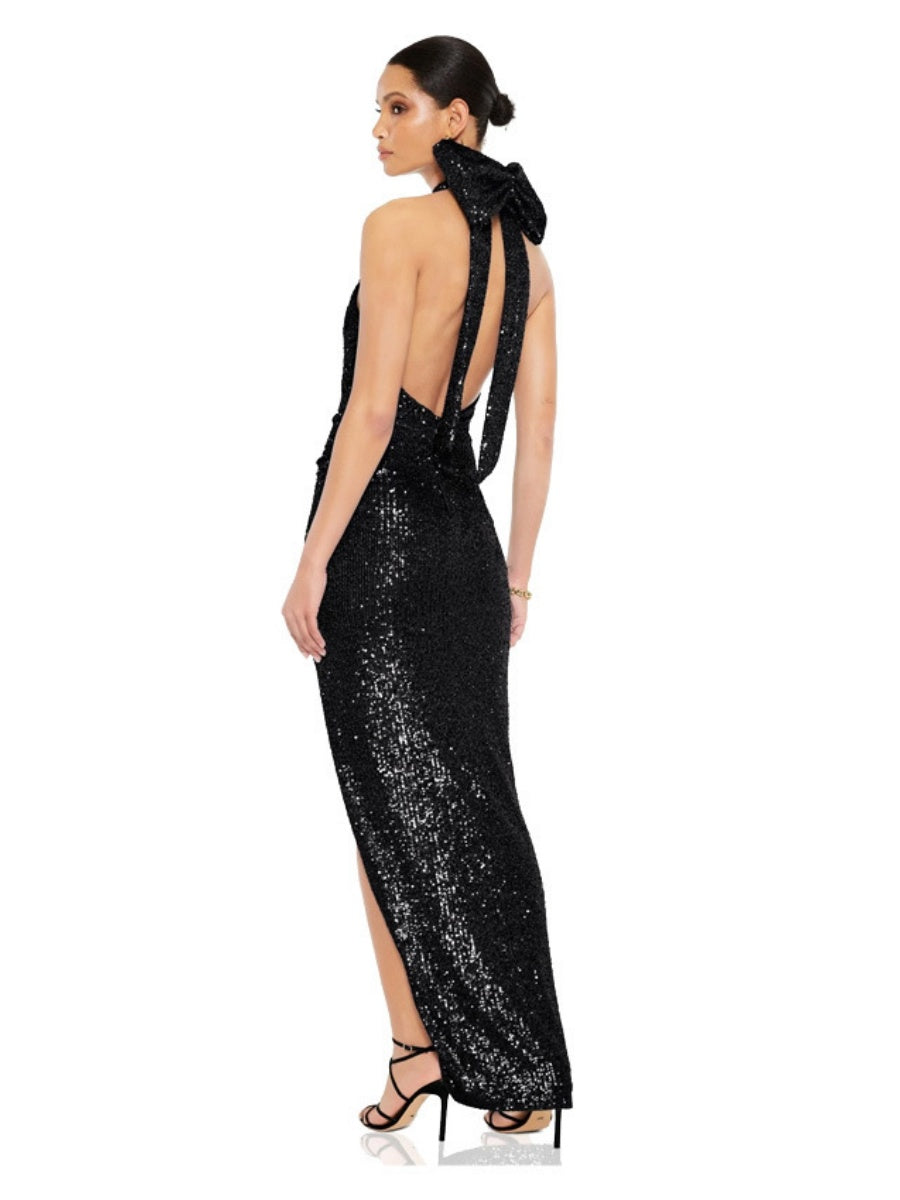 Sequined Large Bow Halter Neck Backless Parties Maxi Dresses