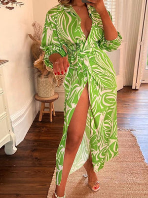 Wrap-up Shirt Collar Lace Up Printed Maxi Dresses