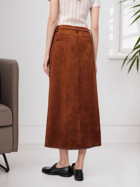 A-shaped Splicing Suede Retro Single-breasted Decoration Daily Workplace Skirt