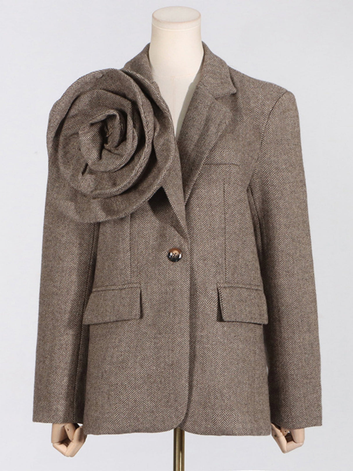 Retro-Blazer mit 3D-Blumenmuster, einreihig, einfarbig