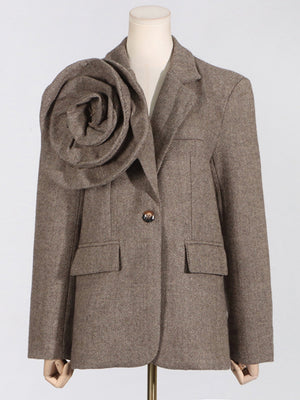 Retro-Blazer mit 3D-Blumenmuster, einreihig, einfarbig