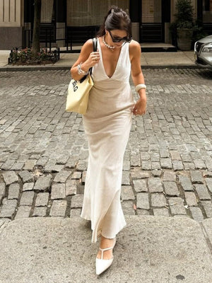 Cotton And Linen Elegant Waist-cinching V-neck Sleeveless Comfort Maxi Dresses