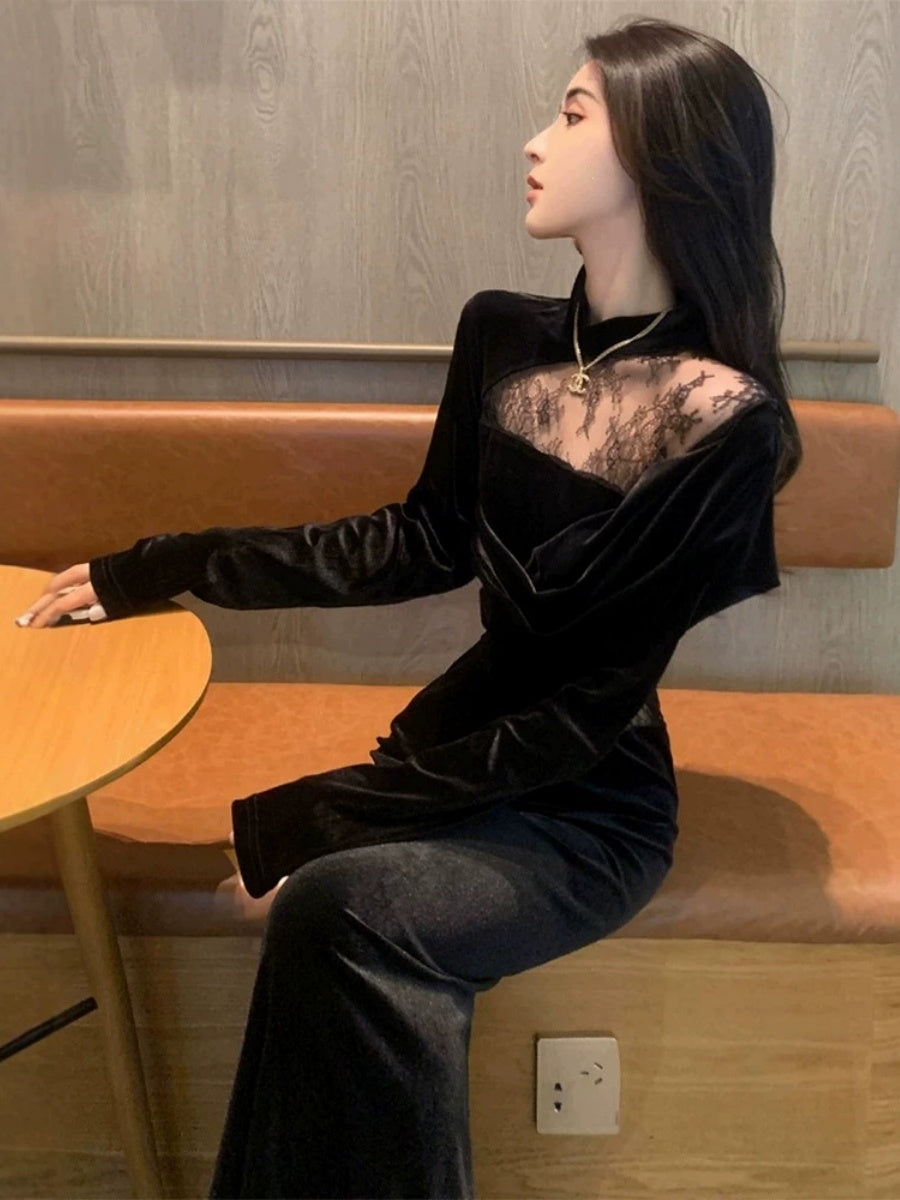 Velvet Dress, Women's Style, Rich Heiress Look, Lace Long-sleeved Black Dress
