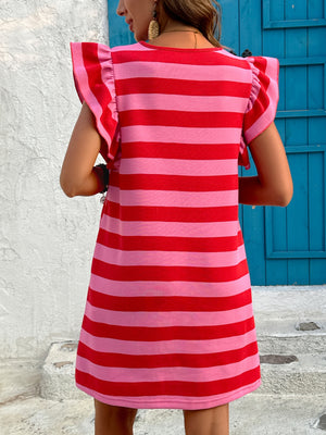 Stripes Color Matching Crew Neck Pocket Midi Dress With Flutter Sleeves