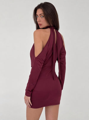 Burgundy Off-shoulder Halter Neck Long-sleeved Short Dress