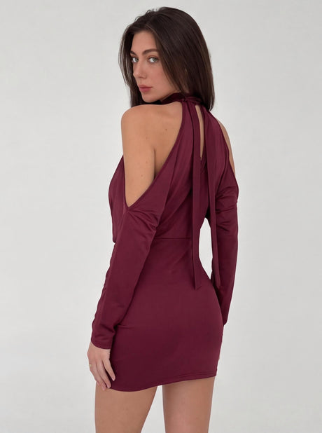Burgundy Off-shoulder Halter Neck Long-sleeved Short Dress