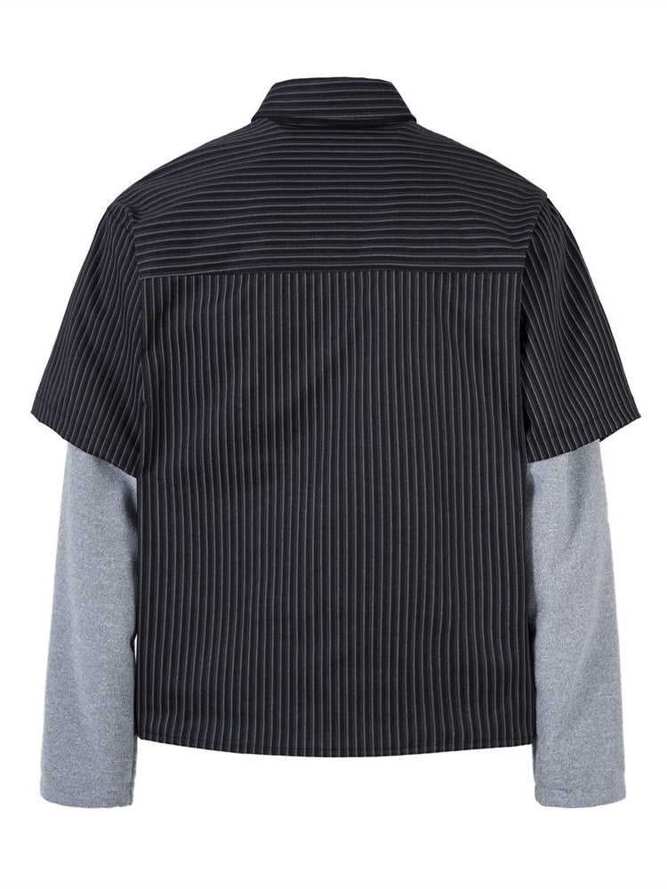 Fake Two Pieces Splicing Vertical Stripe Loose Long-sleeved Shirt
